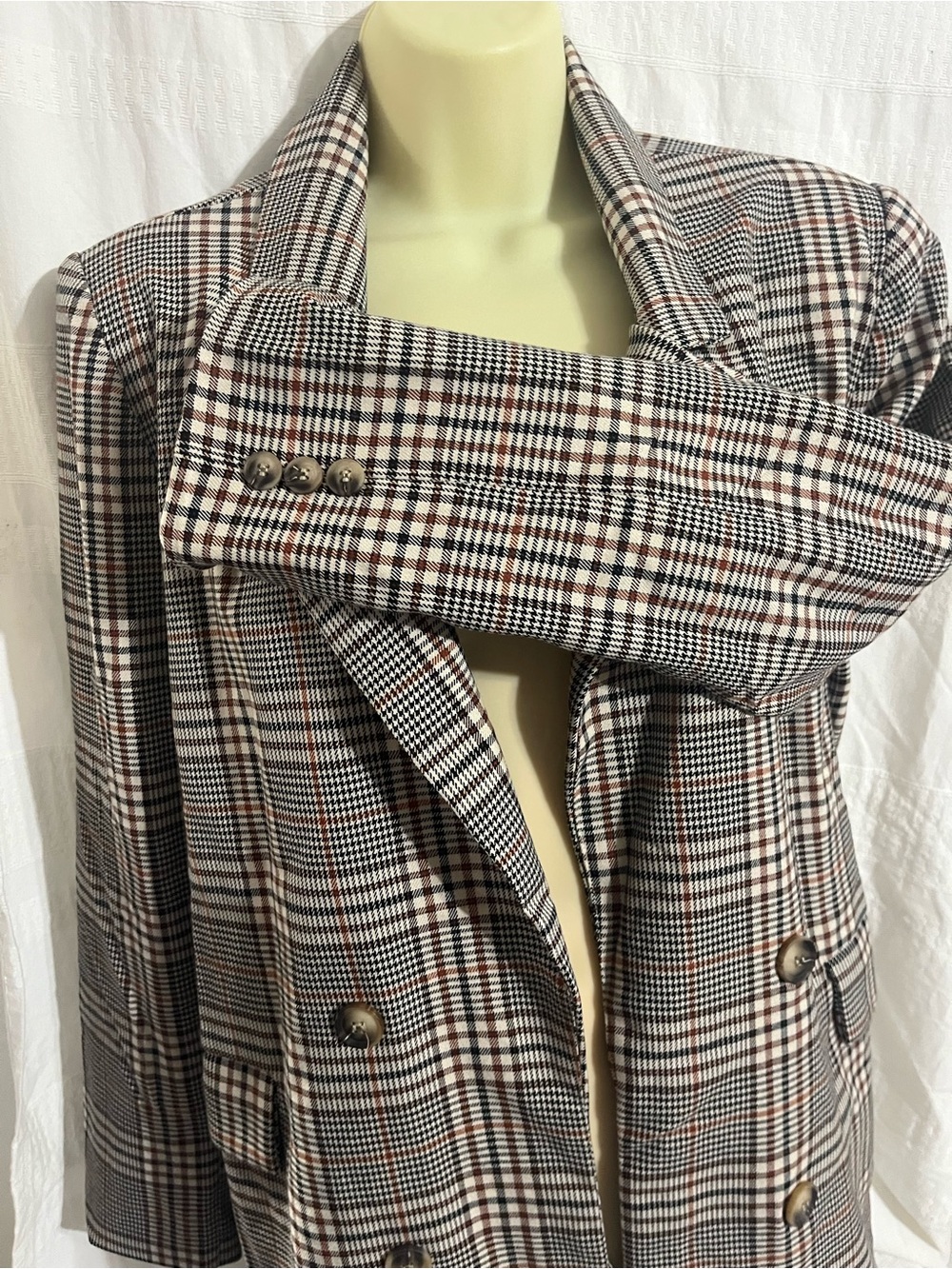 BE COOL Plaid Double-Breasted Blazer - Black, Taupe, Brown - Picture 5 of 8